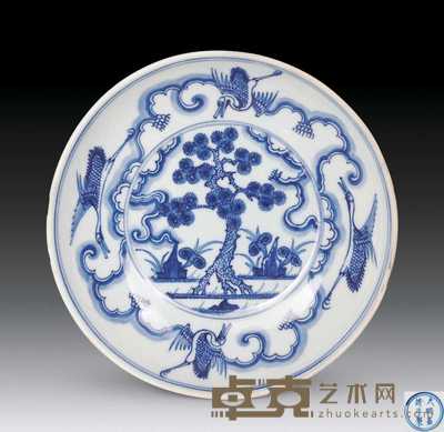 清康熙 青花松鹤灵芝盘 4×16cm